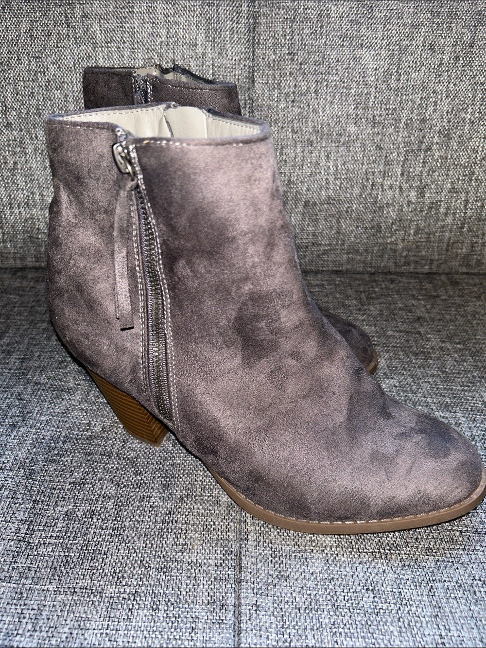 Diba Gray Taupe Suede Ankle Bootie with Side Zip